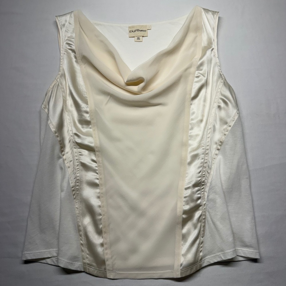 Pure DKNY Silk Front Cowl Neck Shell Top Ivory Sleeveless Career Size Large
